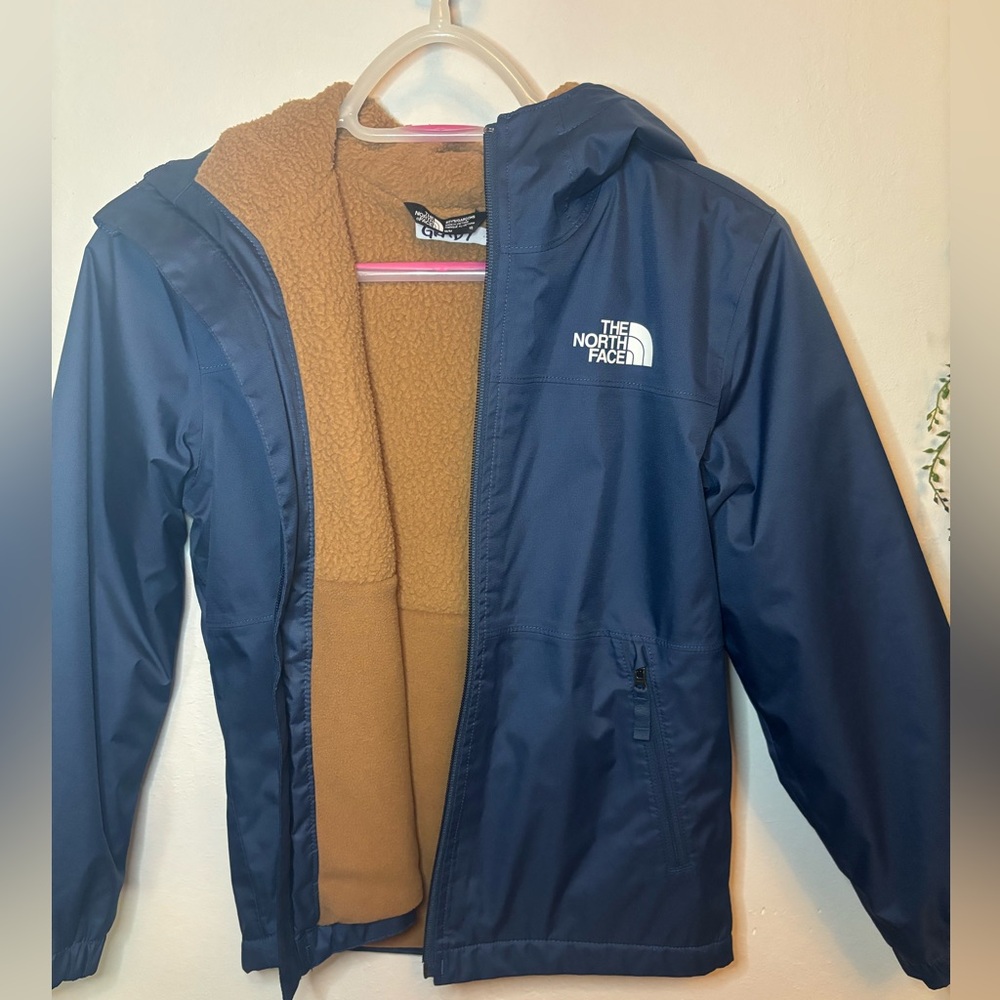The North Face Kids Zip Up Navy Blue Jacket with Brown Fleece Lining